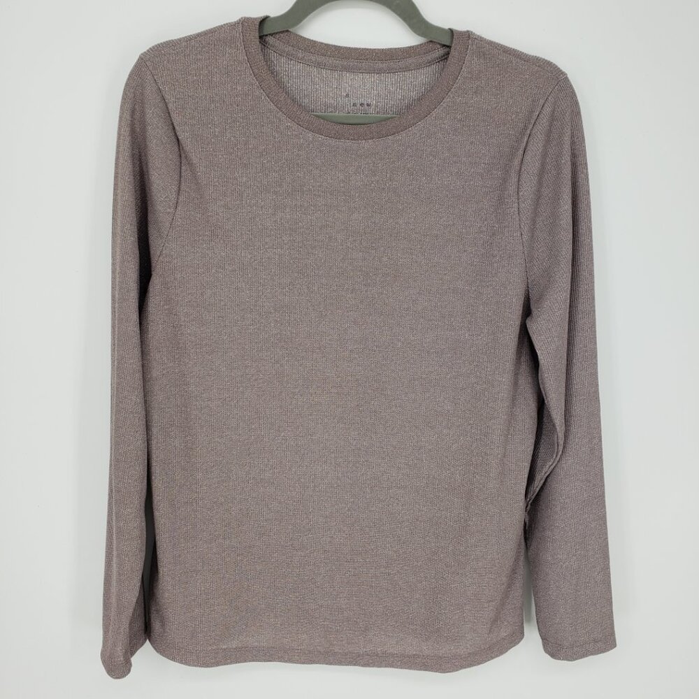 A New Day Metallic Ribbed Long Sleeves Top XXL Fitted Silver Taupe Tan